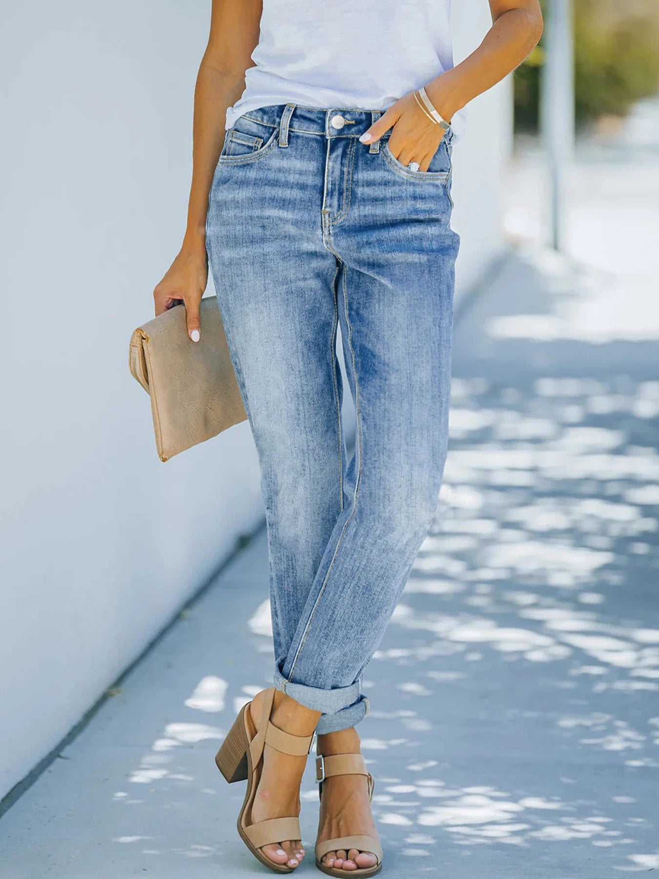 2025 New Women's Mid-Waist Elastic Straight Jeans Functional Bag Street Style Machine Washable Casual Clothing
