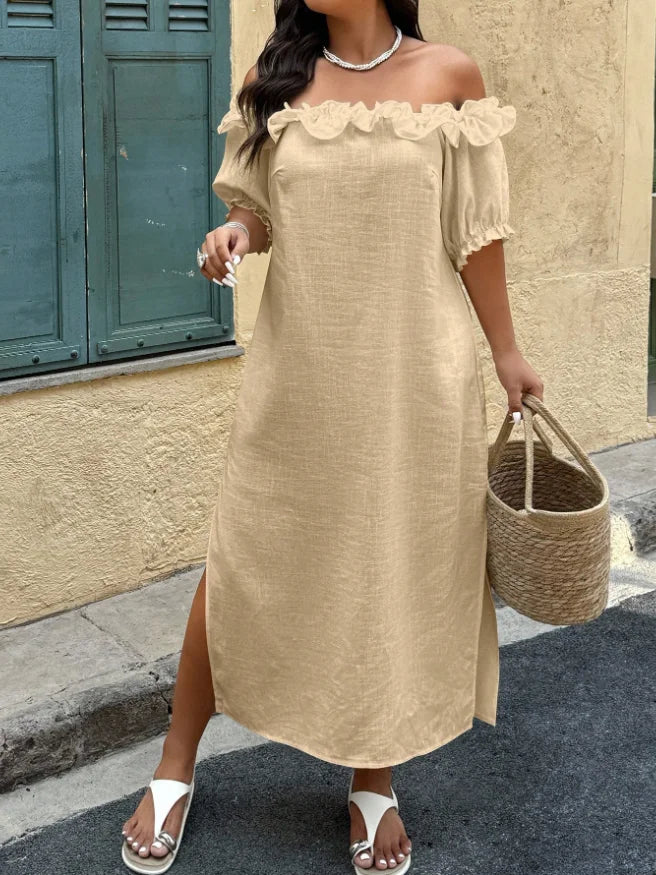 Plus Size Women's Slouchy Slimming Beach Vacation Dress, Off-Shoulder Puff Sleeve Loose Hem Slit Dress