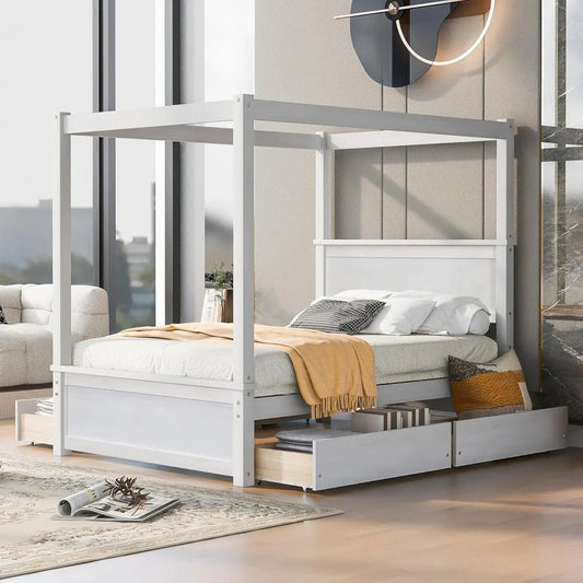 Full Canopy Bed with 4 Drawers, Four-Poster Platform Bed with Headboard and Wood Support Slats, Full Bed Frame Wood Poster Panel