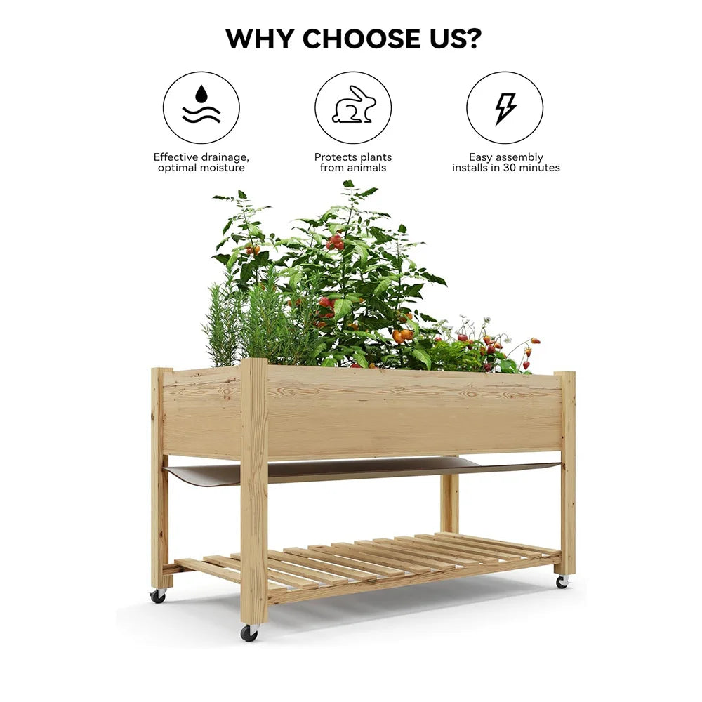 48x24x30inch Raised Garden Bed Mobile Elevated Wood Planter with Lockable Wheels Storage Shelf  for Patio Deck Balcony Fruits