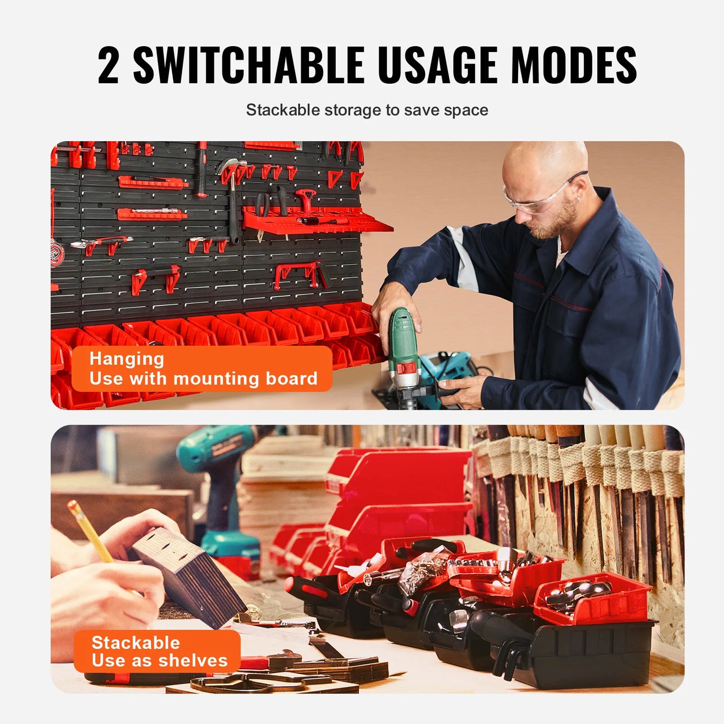 SucceBuy Wall Mounted Storage Bins 30/48-Bin Parts Rack Organizer Garage with Wall Panels Hooks Plastic Shop Tool
