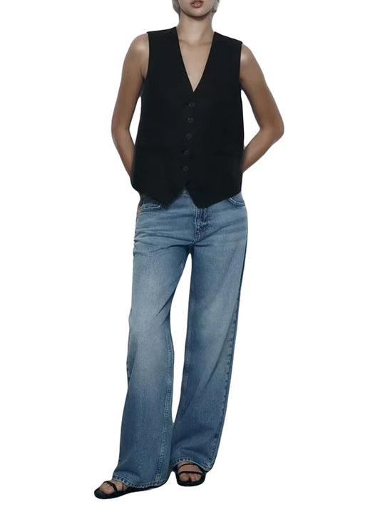 Women Vintage Buttons Vest Casual V Neck Solid Color Blazer Waistcoat Trendy Sleeveless Jacket