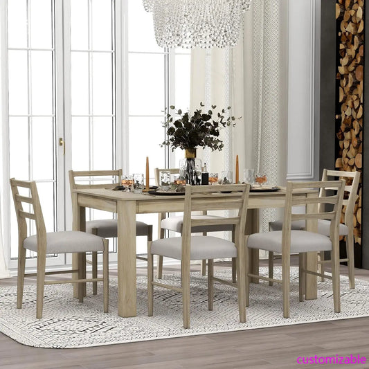 7 Pieces Wooden Dining Table Set Rectangle Extendable Table with 12” Leaf and 2 Drawers, 6 Dining Chairs with Soft Cushion