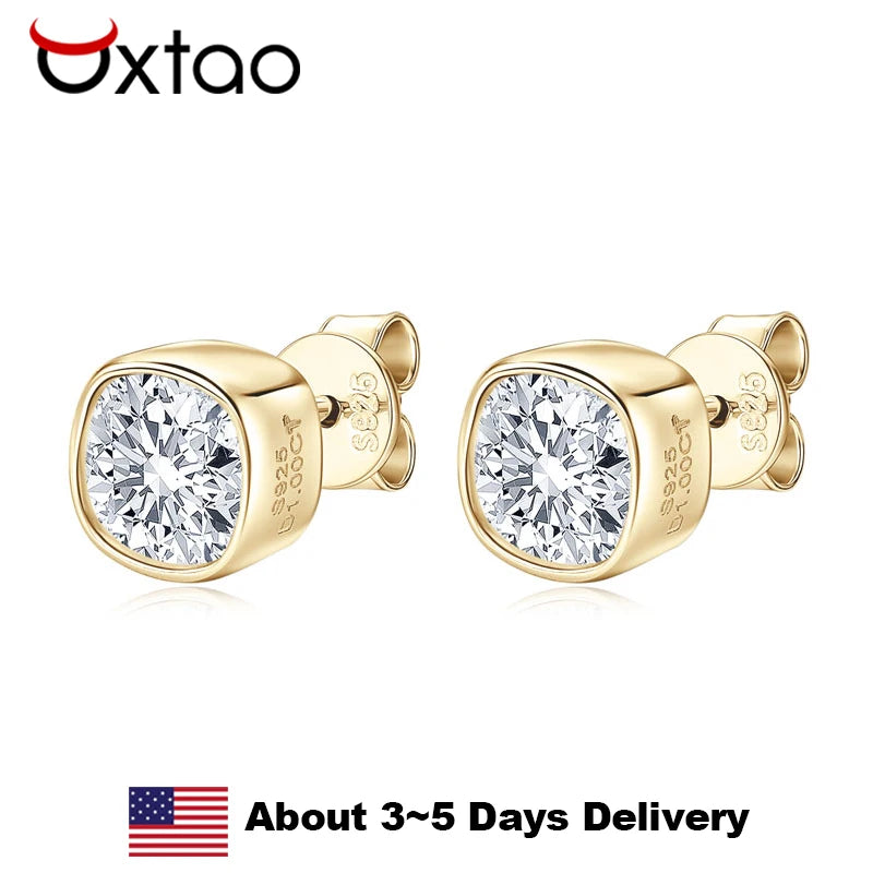 OXTAO Moissanite Stud Earrings 925 Sterling Silver D Color Moissanite Square Earrings for Men Women Certified Jewelry 6x6mm 1CT