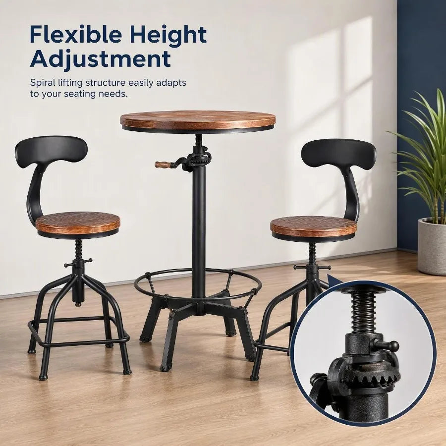 Three Piece Adjustable Bar Table and Stool Set with Black Iron Backrests
