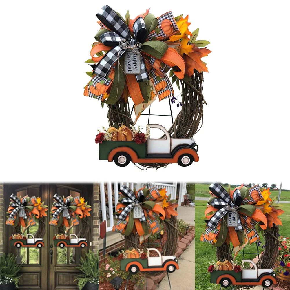Fall Wreath Farmhouse Pumpkin Cart Wreath Halloween Pumpkin Truck Wreath Door Wreath for Halloween Thanksgiving Decor