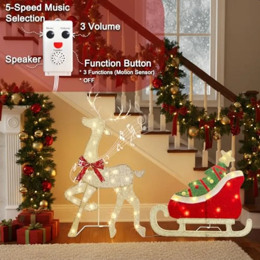 EAMBRITE Christmas Decorations Outdoor 42 Inch Christmas Reindeer Sled with 117 Warm White Lights Motion Sensor 2D Music Lighte