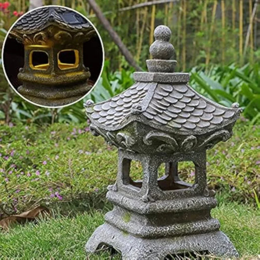 Asian Solar Zen Pagoda Garden Statue 14 Inch, Outdoor Japanese Lamp Lantern for Home Garden Landscape Décor 14 inch Pagoda