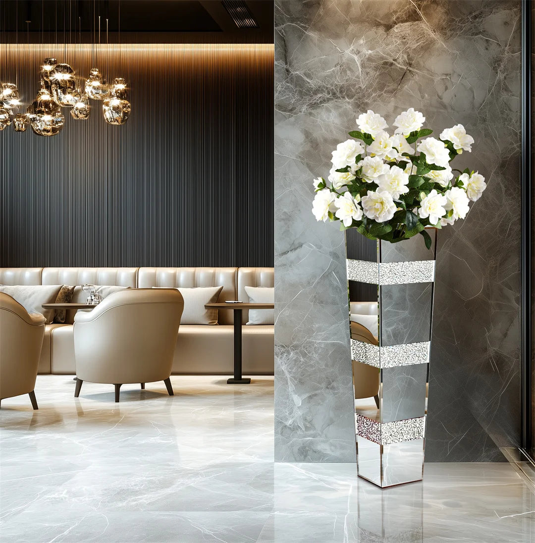 Modern Floor Flower Vase Decorative Crystal Silver Standing Mirrored Flower Vase Floral Arrangement Vase