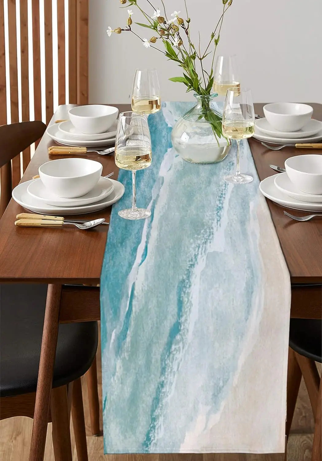 Coastal Beach Blue Linen Table Runner Dresser Scarf Table Decor Summer Kitchen Dining Table Runner Ocean Sea Waves Party Decor