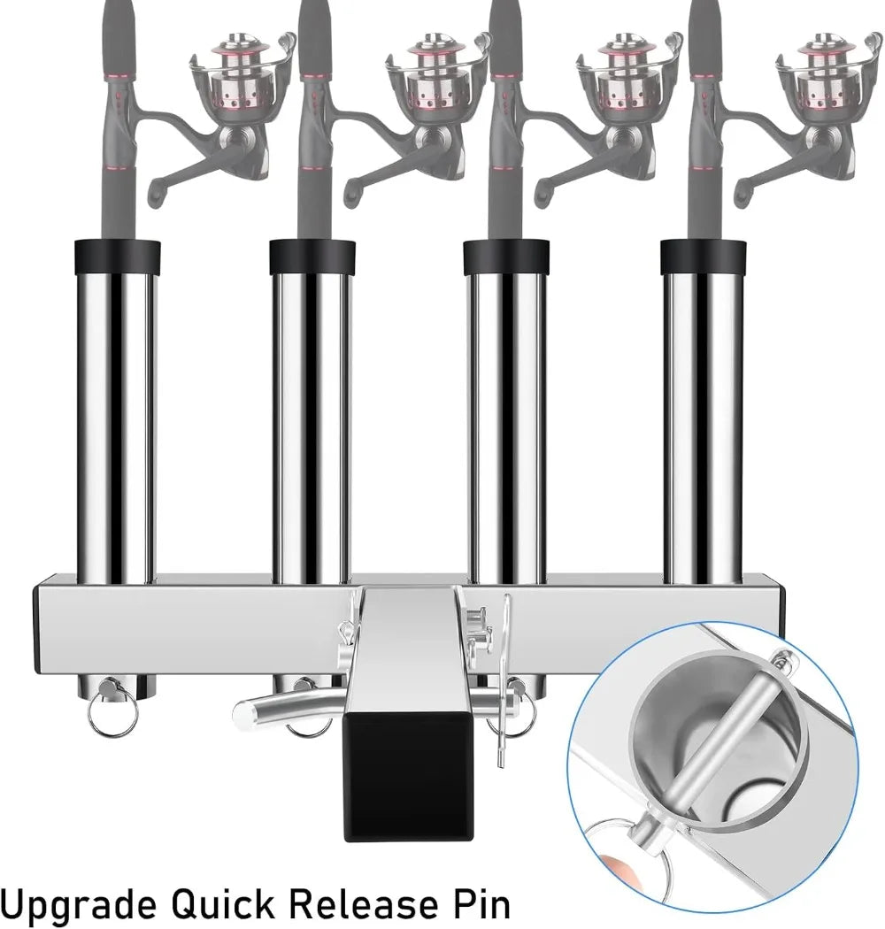 Stainless Steel Hitch Fishing Rod Holder for 2" Receivers, 4 Tube Rack with Quick Release Pin, Adjustable Truck Rod Holder