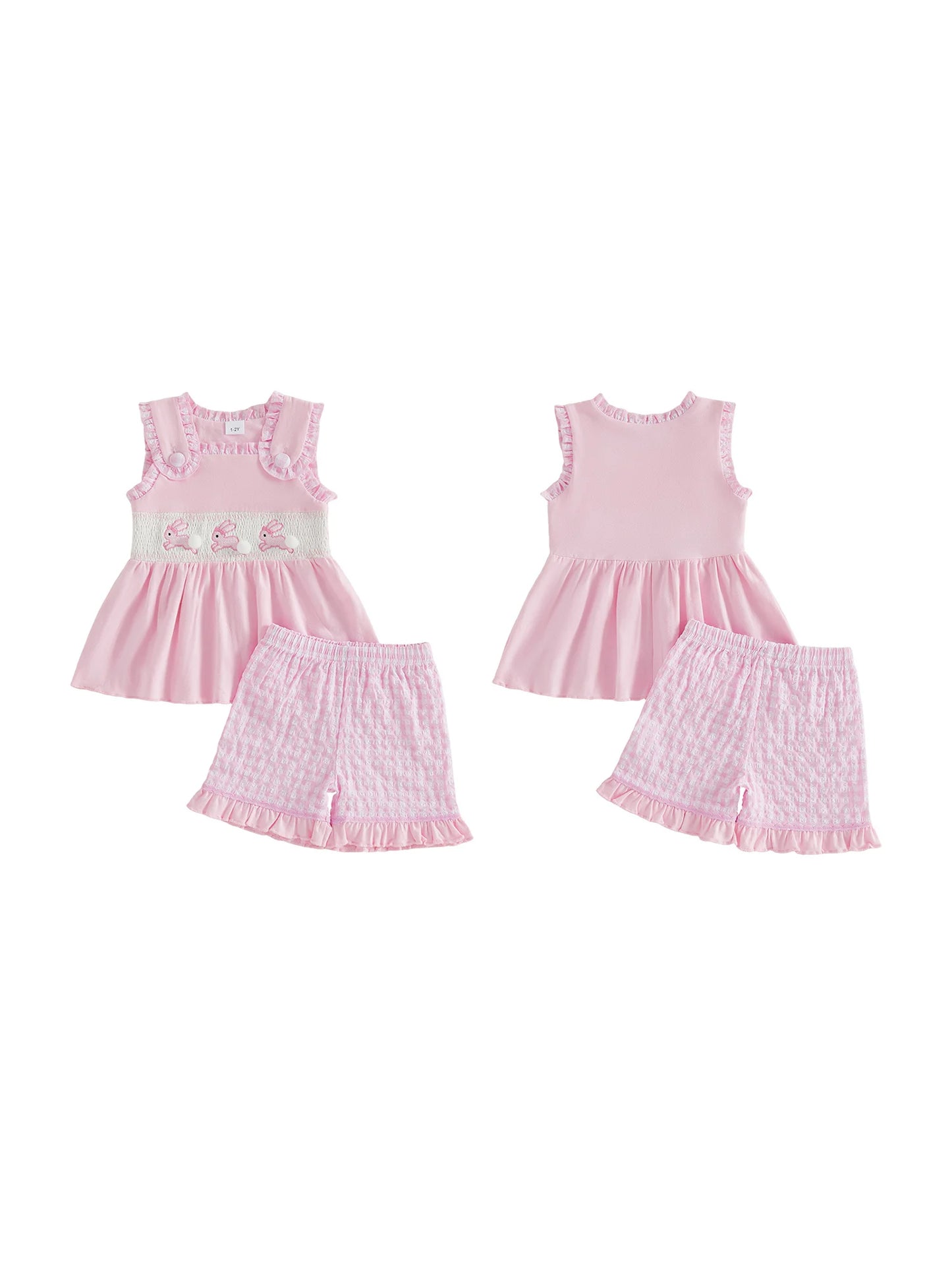 Sweet and Stylish Girls Easter Outfits Featuring Cute Bunny Embroidery Sleeveless Design and Plaid Shorts - Perfect for
