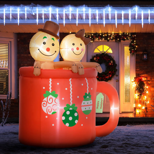 Outsunny 6' Christmas Inflatable Gingerbread Couple in Mug with Led Lights