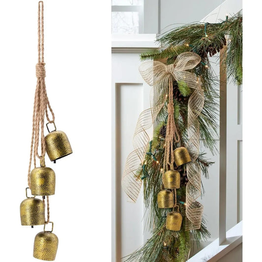 Gold Metal Vintage Cow Bells with Jute Hanging Rope for Christmas Decorations Ideal for Weddings Parties and Christmas Wreath A