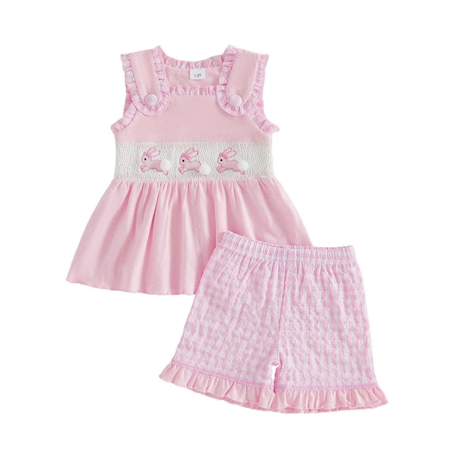 Sweet and Stylish Girls Easter Outfits Featuring Cute Bunny Embroidery Sleeveless Design and Plaid Shorts - Perfect for
