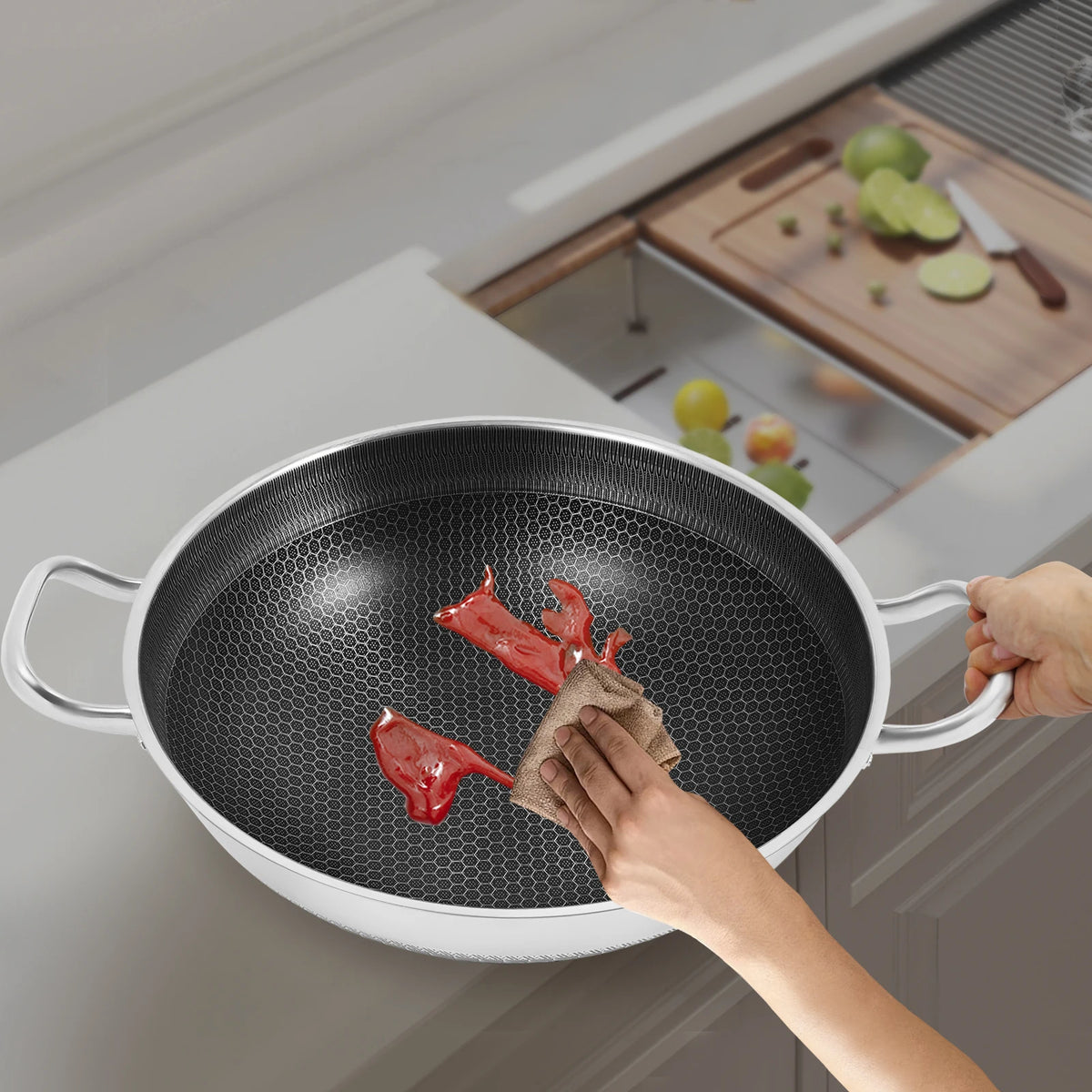 Stainless Steel Nonstick Wok Pan With Tempered Glass Lid For Most Stoves