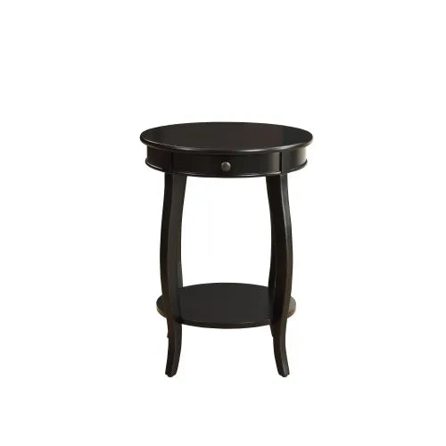 Black Finish Round Accent Table with Drawer and Open Bottom Shelf