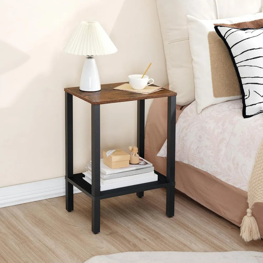 Small Side Table with Two Tier Storage and Faux Rattan Detail Rustic Brown and Black