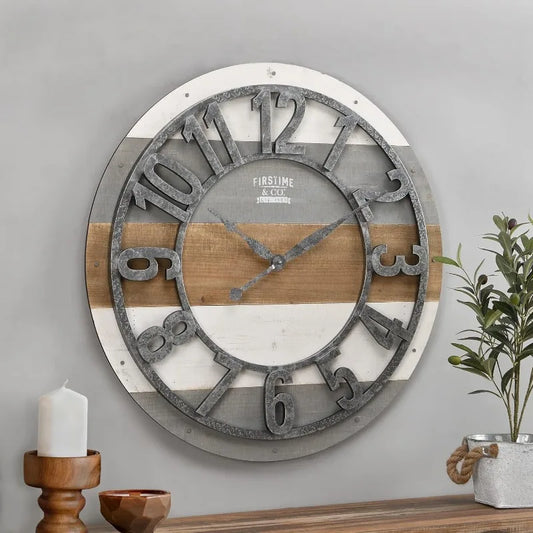 Co. Multicolor Shabby Planks Wall Clock, Large Vintage Decor for Living Room, Home Office, Round, Wood, Farmhouse, 27 inches