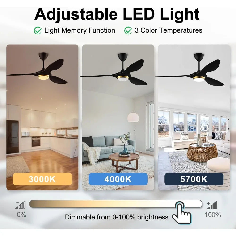 52 Inch Black Modern Ceiling Fans with Lights and Remote Control, for Living Room Bedroom Patio Garage, ETL Listed