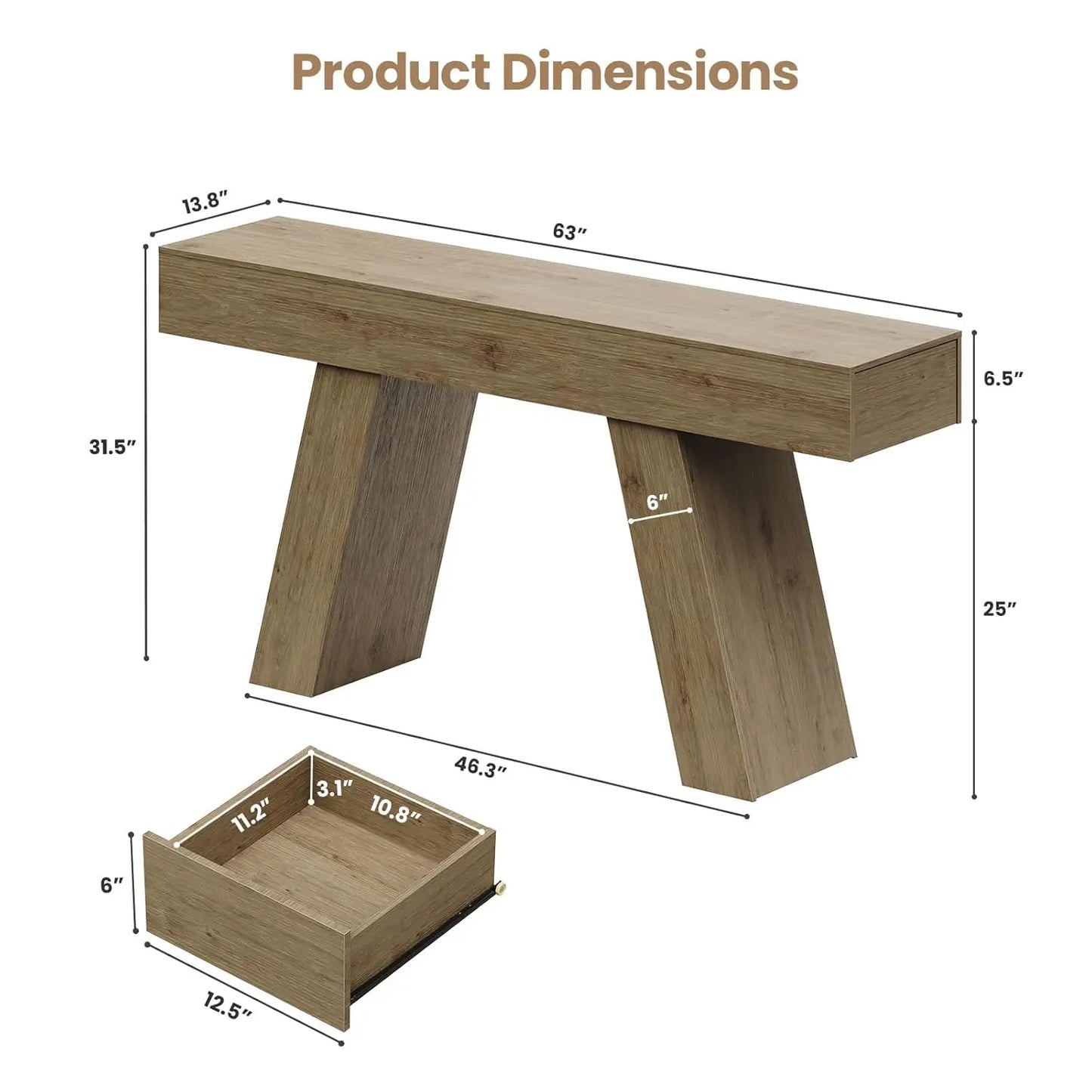 63-Inch Long Console Table with Storage Drawers, Wood Grain Sofa Table Behind Couch, for Entryway, Entrance,, Customized