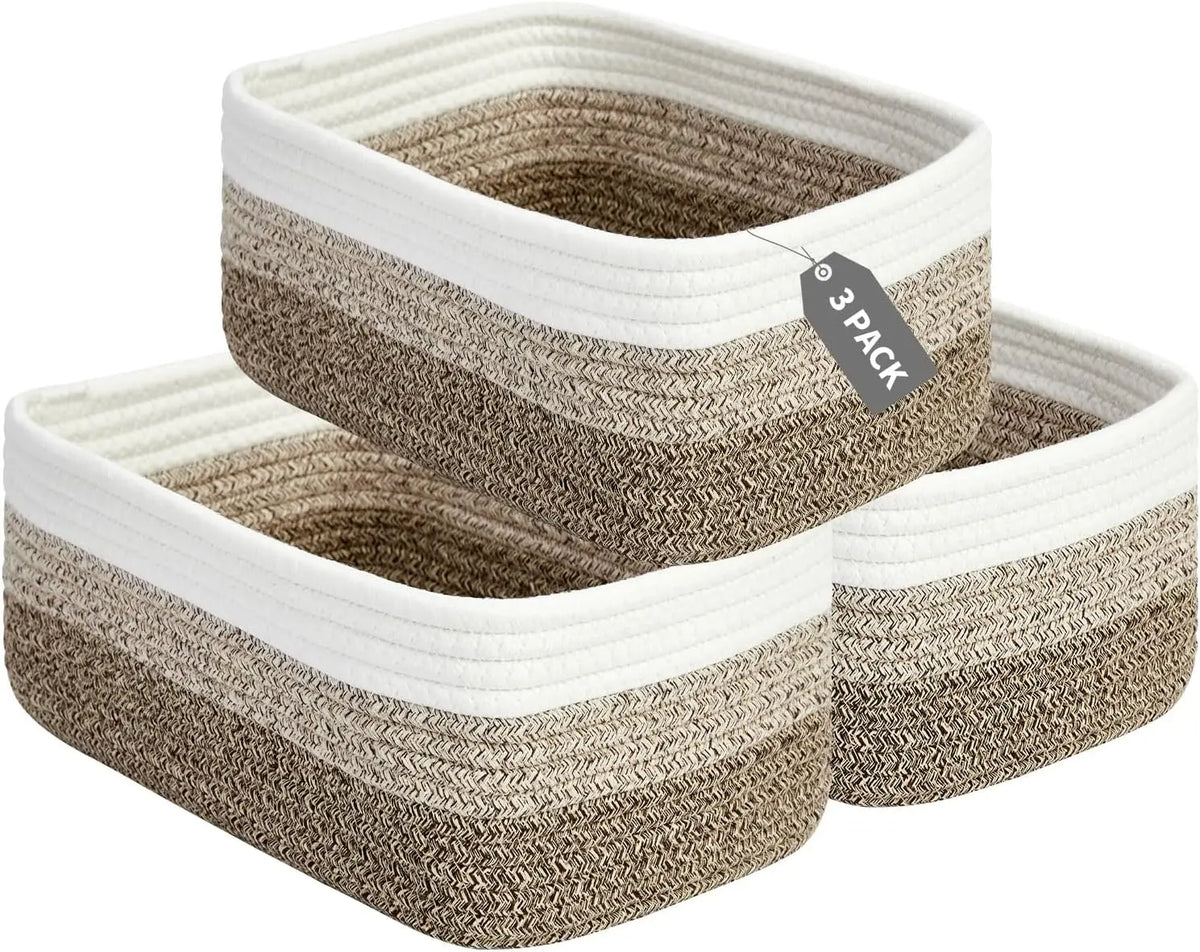 oft Cotton Rope Woven Storage Baskets Set - 3 Pack Rectangular Shelf Bins 11.8 x 7.5 x 4.7 in - No Handles, Closet Bathroom Nursery Toy Makeup Shelves & Tabletop Organizer