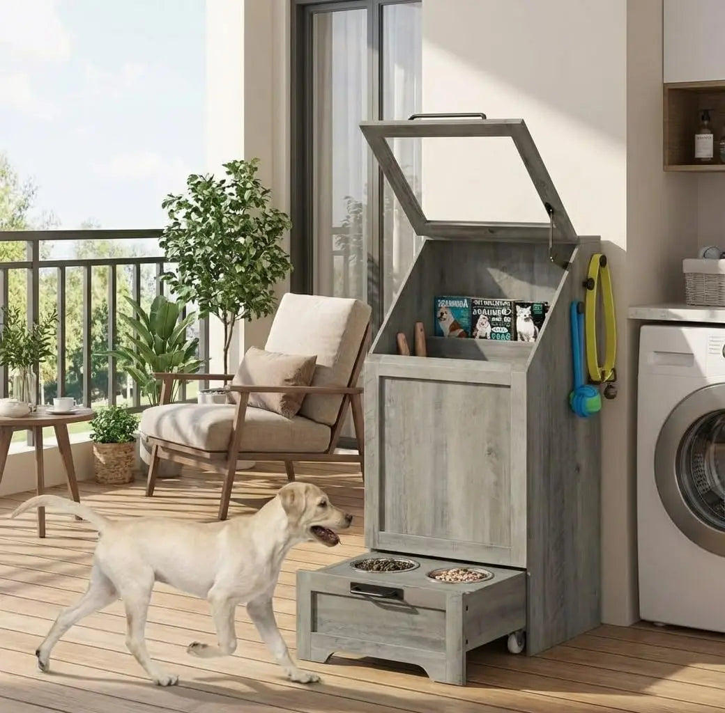 Dog Food Station with Storage,Pet Feeding Station with Raised Bowls,Dog Food Storage Cabinet with Hanger for Feeding