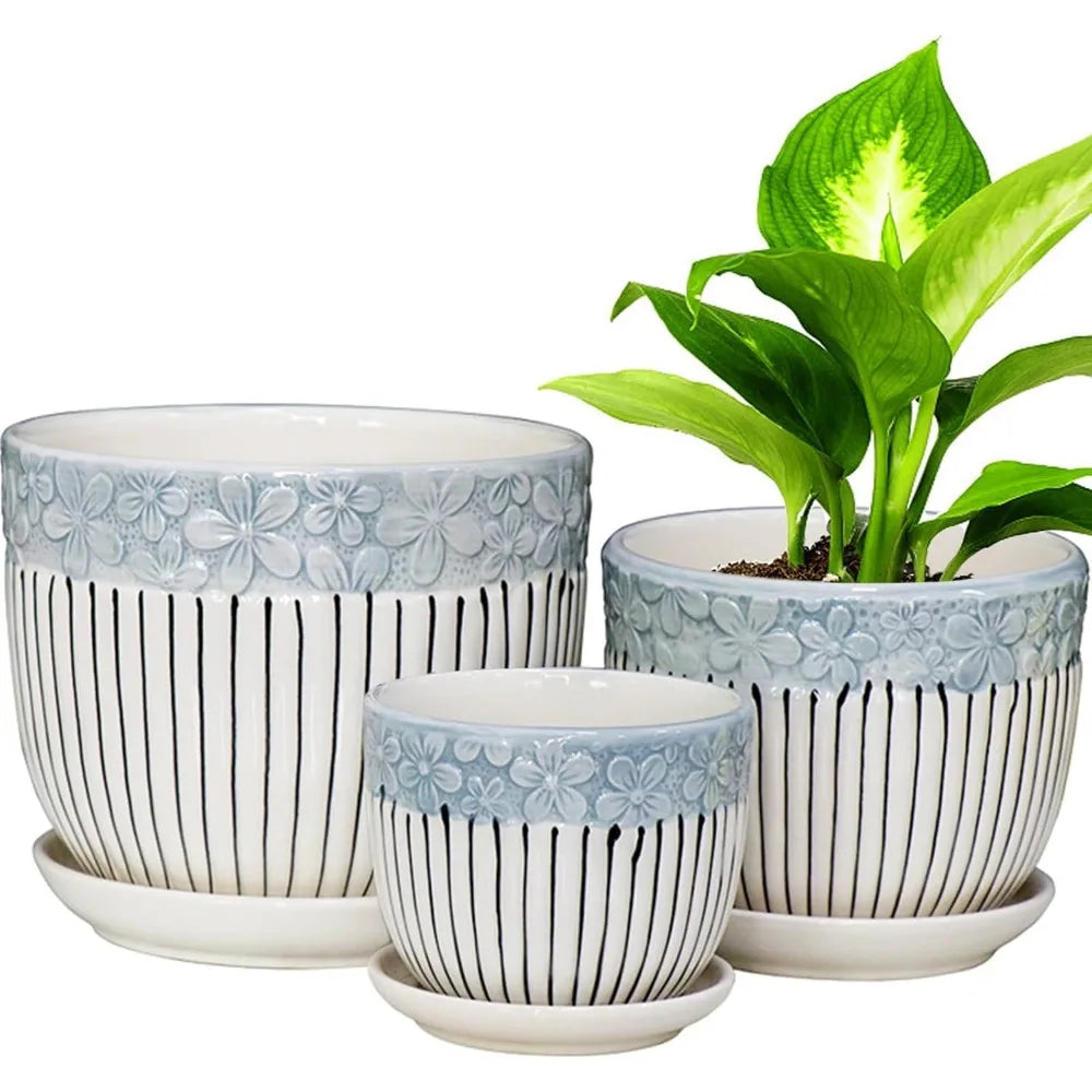 Set of 3 Ceramic Planters with Drainage 6.75 5.6 4.2 inch Saucers Modern Indoor Outdoor Flower Succulent Garden Pots