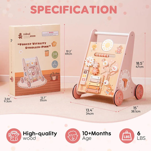 Robotime Robud Wooden Baby Walker Baby Push Walker with Activity Center and Storage Montessori Walker Toy for Boys Girls Pink