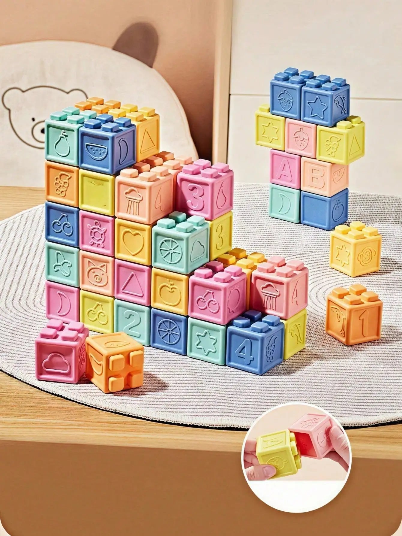 Baby Building Blocks,  8/16/24 Pcs Soft Educational Construction Toys - Numbers, Shapes, Colors, Animals - Random Colors, Infant Toys, Montessori Toys, Bath Toys, Baby Essentials, Teethers, Sensory Chew Toys, Silicone Toys