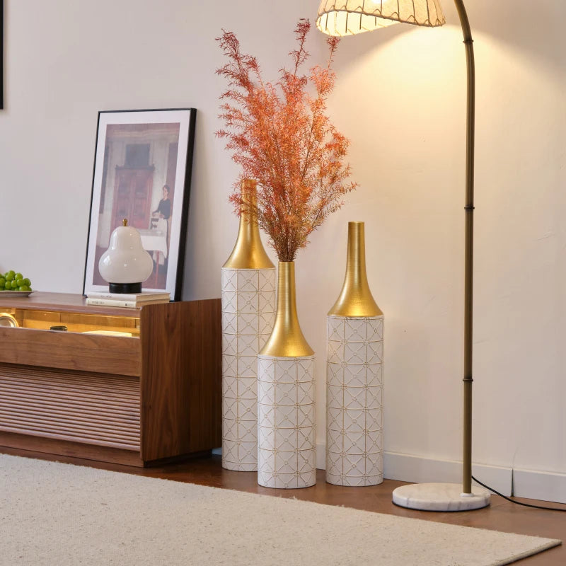 Floor Decorated White Set Of 3 Gorgeous Home Decoration Large Glazed Metal Vases 24In/28.7In/33.5In Height