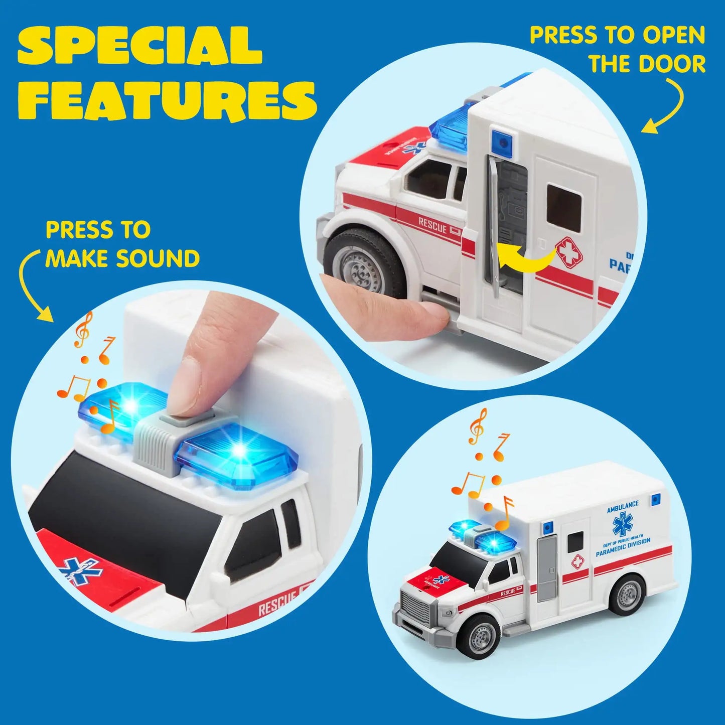 Joyfy 4 Packs Emergency Vehicle Playset Friction Powered Truck Ambulance Fire Truck Police Car Helicopter for Kid Birthday Gifts