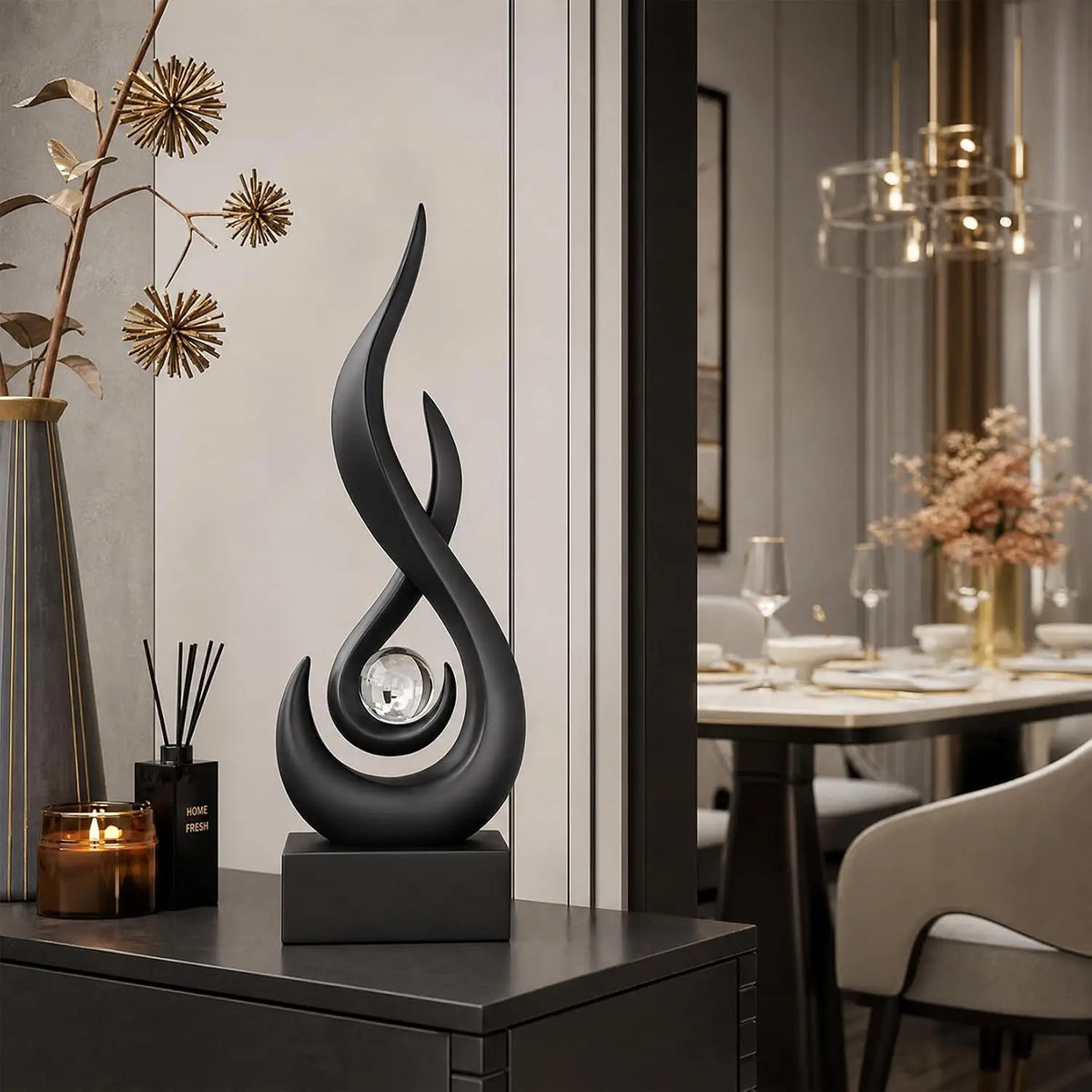 Modern Golden Flame Abstract Sculpture for Home Decor and Living Room