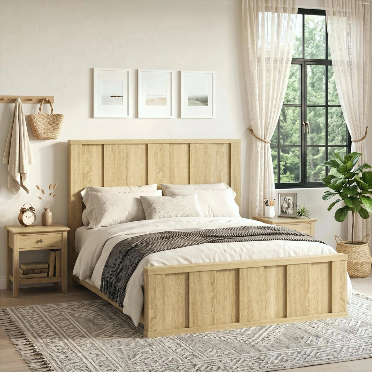 King Size Farmhouse Platform Bed Frame Natural Oak Wood Slats No Box Spring
