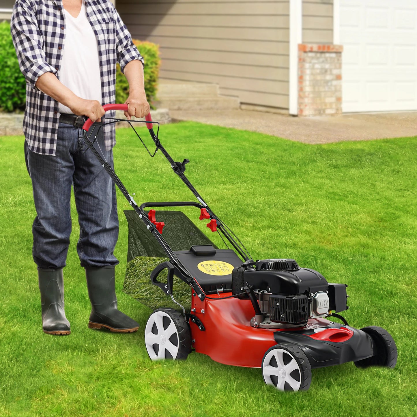 4-Stroke Push Petrol Lawn Mower 8Gear Adjustable Height Self Propelled 3-in-1 with Bag Garden Mowing Tool