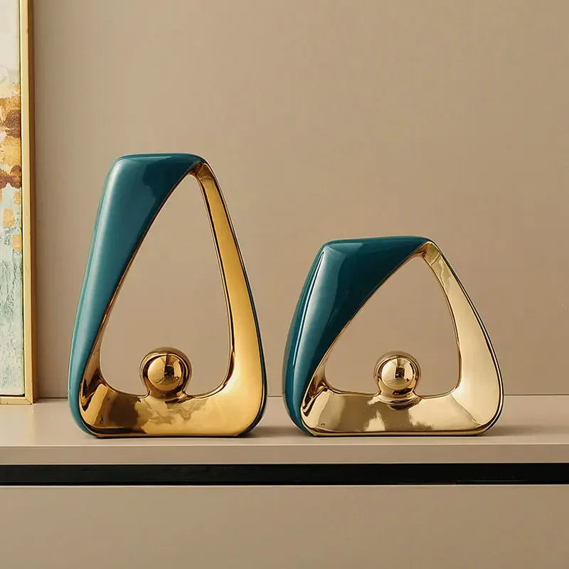 Ceramic Crafts Statues Abstract Ornaments Decorative Figurines Geometric Triangles Golden Ball Skeleton Sculpture Home Decor
