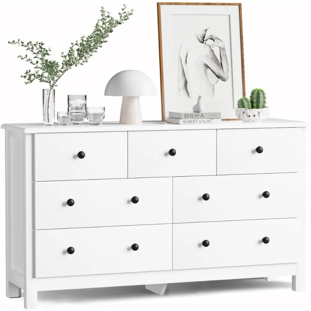 White Dresser for Bedroom, 7 Drawer Chest of Drawer with Metal Handle and Wide Drawer, Modern Wood Double Storage Organizer Dres