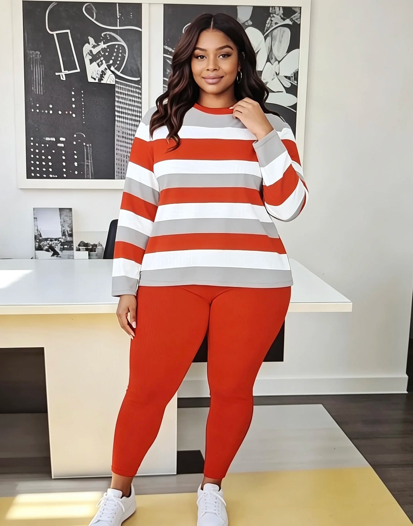 European and American plus size women's red, white, and gray color-block striped long-sleeve top and solid color ribbed pants set; crew neck loose casual loungear