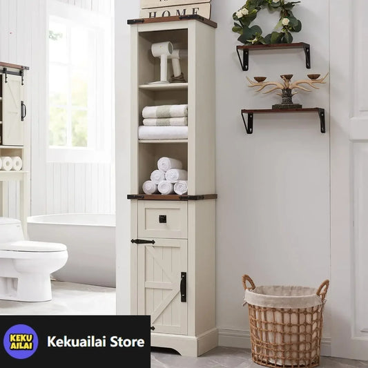 Bathroom Storage Cabinet, Farmhouse Storage Cabinet with Adjustable Shelves & Storage Drawer, Tall Linen Tower for Bathroom