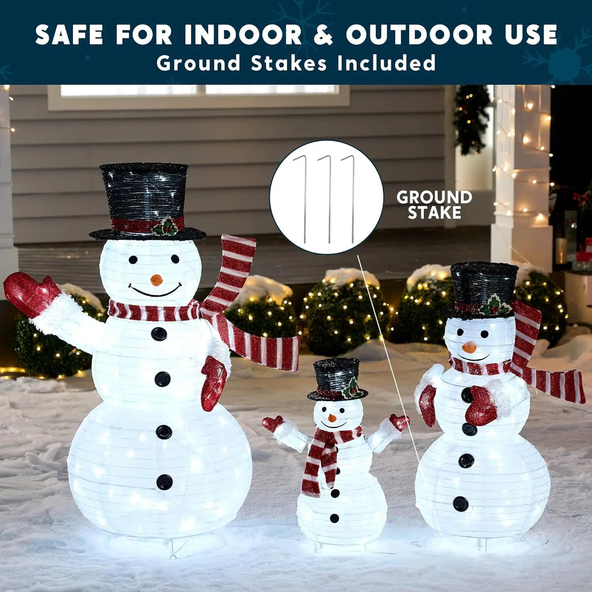 JOYFY 3 Pc 3D Christmas Collapsible Snowman Yard Light 270 PreLit LED Cool White Light for Christmas Indoor Outdoor Garden Décor