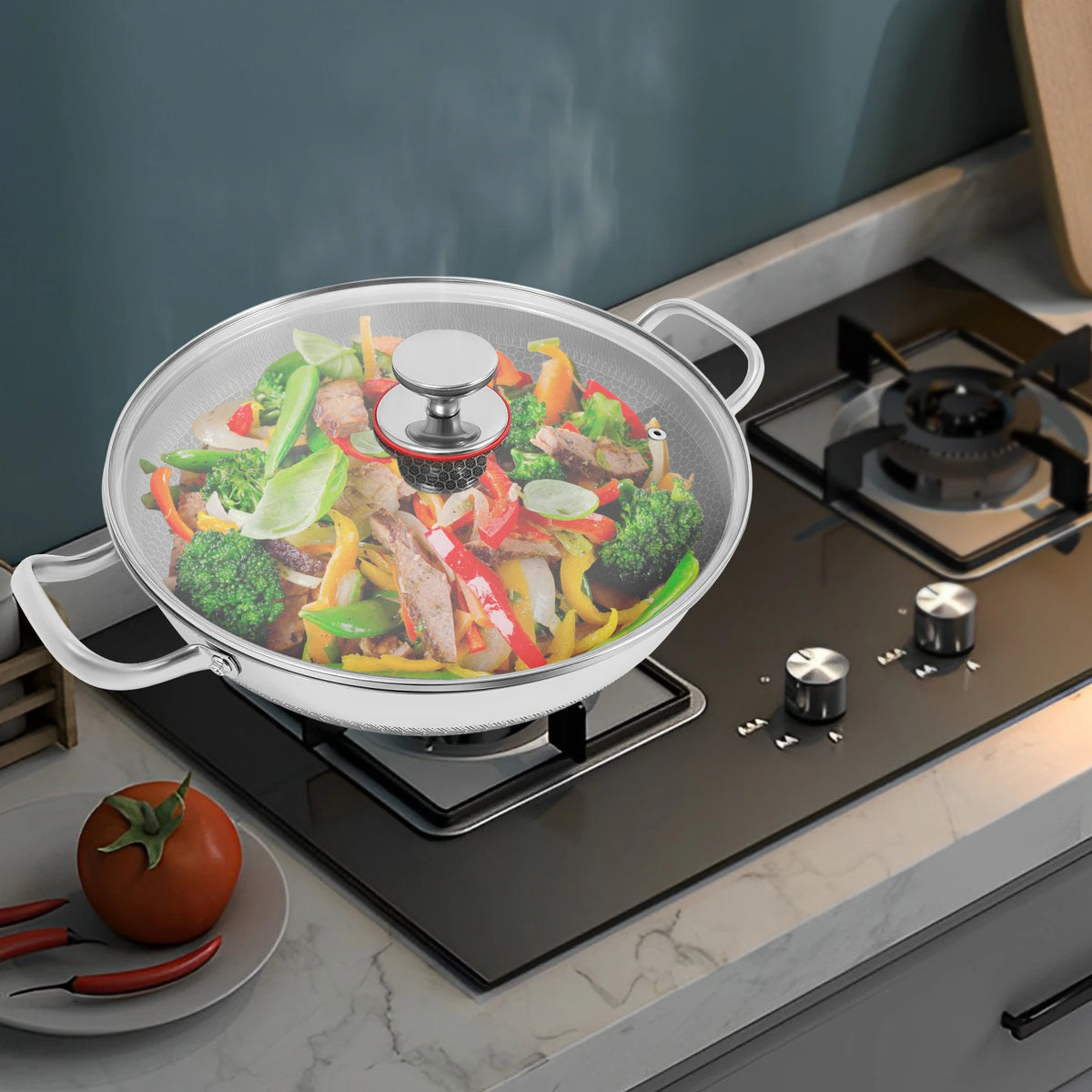 Stainless Steel Nonstick Wok Pan With Tempered Glass Lid For Most Stoves
