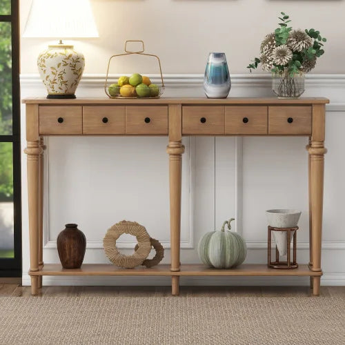 Rustic Pine Console Table with 4 Drawers and Open Shelf for Entryway