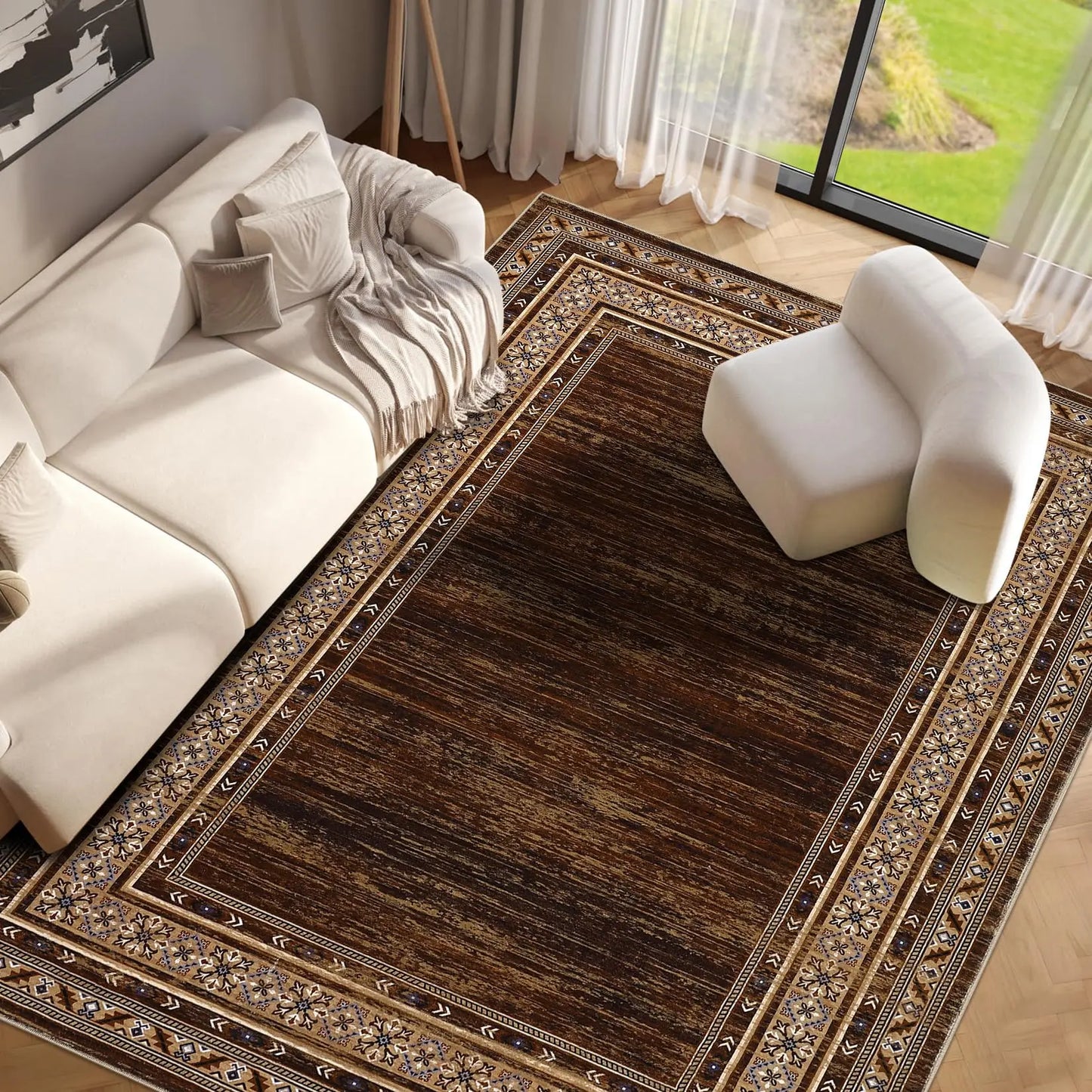Area Rug 8x10 Washable Rug Brown Modern Living Room Rugs Soft Non Slip Throw Carpet Low Pile Bordered Contemporary Floor Cover for Bedroom Dining Room Foldable Thin Rugs