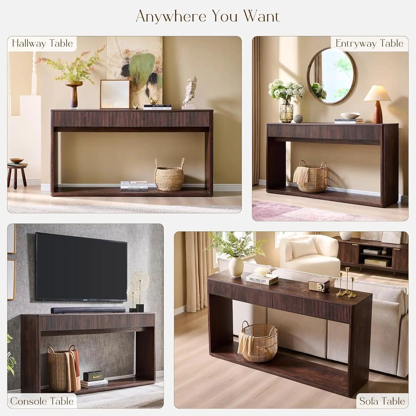 63" Fluted Console Table with 2 Large Drawers Long Entryway Sofa Table for Living Room Hallway Foyer Dark Walnut, Customized
