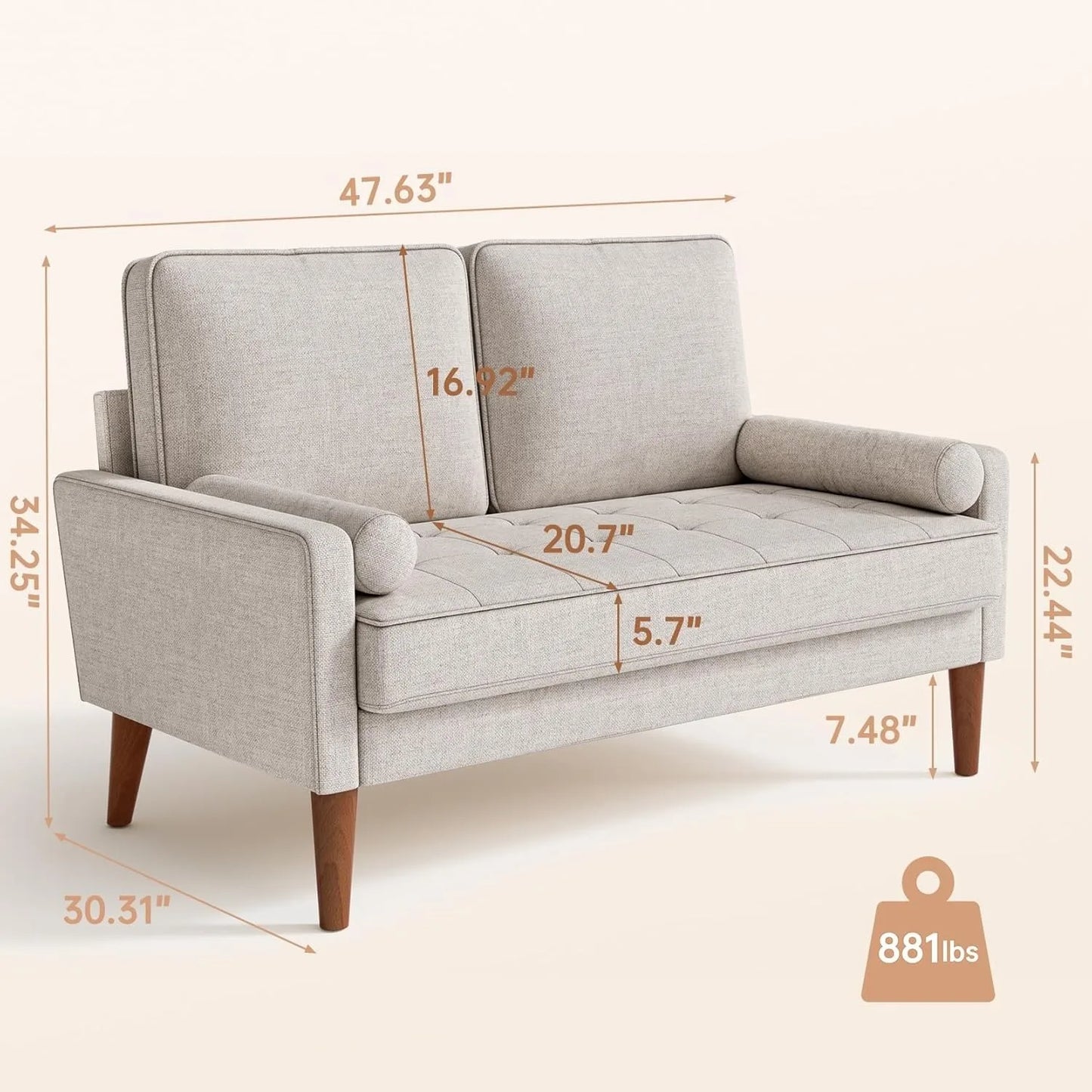 Vesgantti Loveseat Sofa, 48 Inch Small Sofa Couch for Living Room, Removable Sofa Cover Spring Cushion and Solid Wood