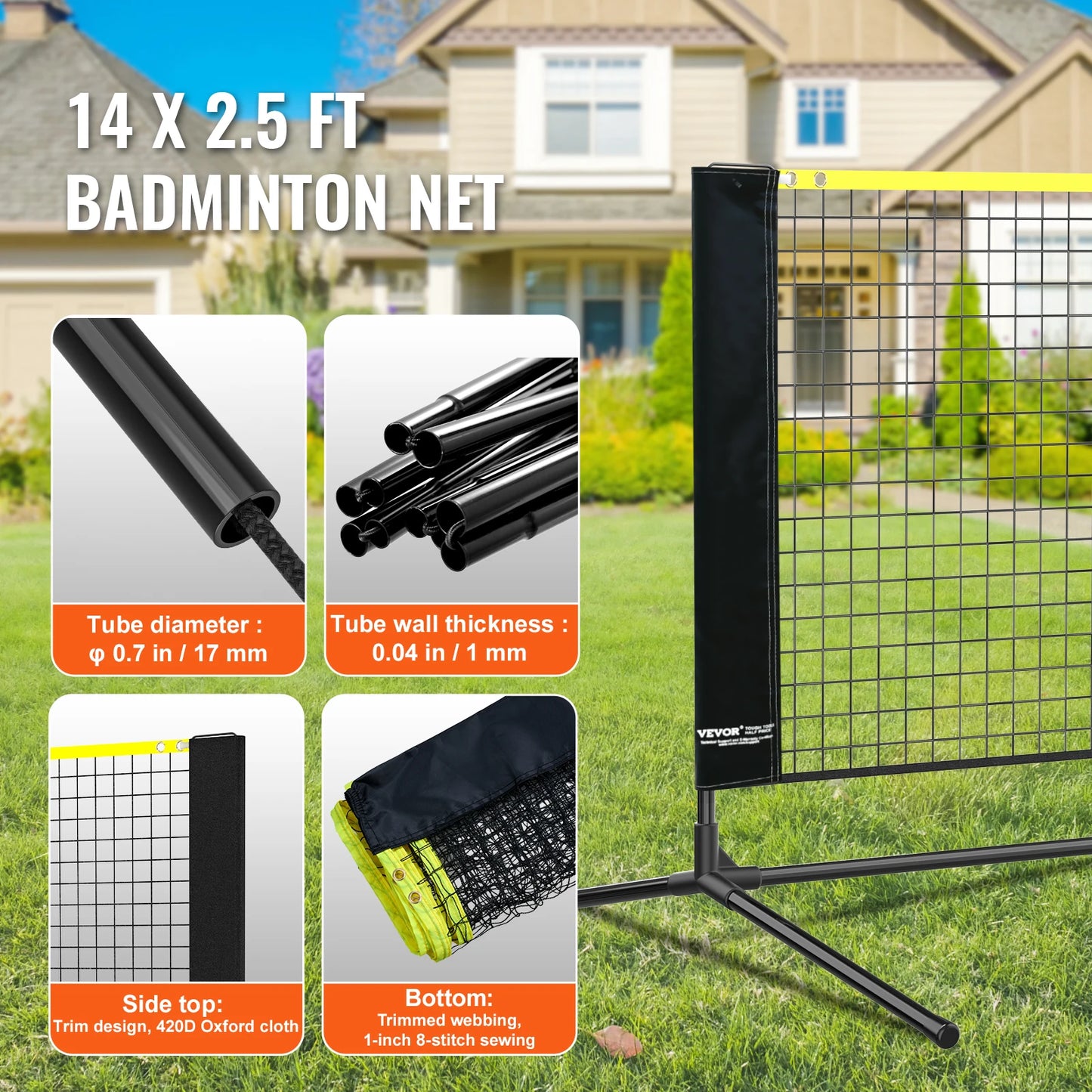 SucceBuy 10/14/17FT Badminton Net Height Adjustable Volleyball Net Wide Foldable Pickleball Portable Easy Setup Tennis Net Set