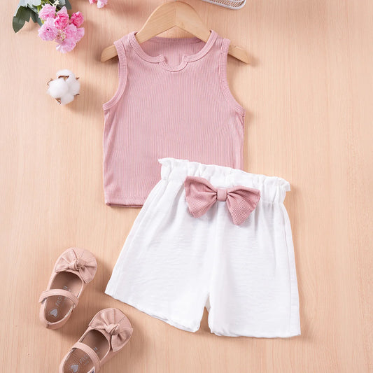 Summer Kids Baby Girls Summer Outfits Solid Color Notched Neck Tank Tops and Elastic Cute Bow Shorts Set Fashion Cute Clothes