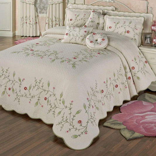 Posy Cottage Garden Style Bedding | Chain Stitch Embroidery, Crochet, & Quilting Fiber Art Floral and Leaf Vines | 3 Piece Quilt