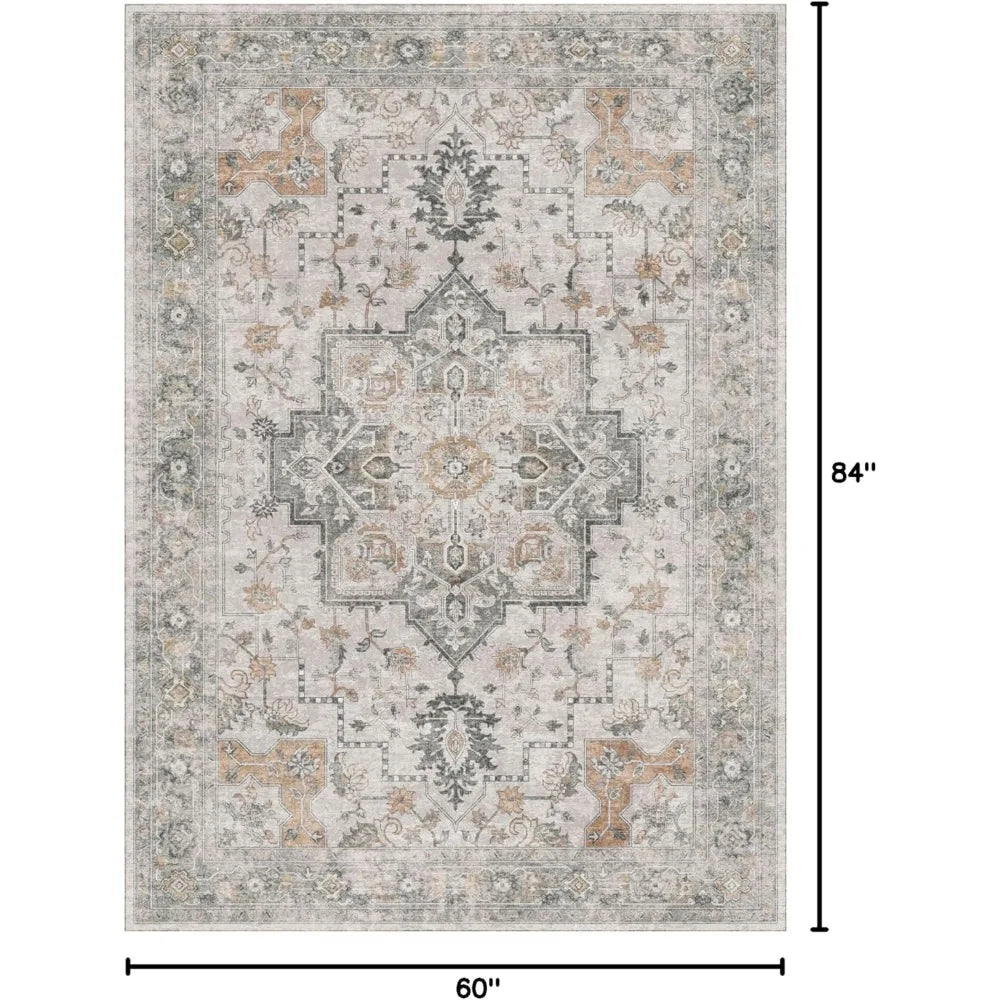 Washable Vintage Area Rug 5x7 Light Brown Non Slip Low Pile for Living Room Bedroom Dining Office