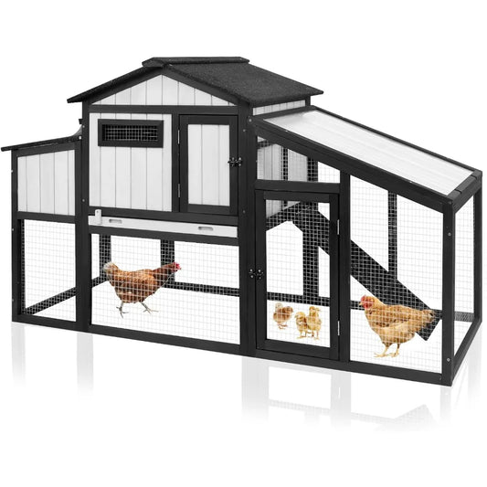 65.3" L Chicken Coop and Run, Wooden Hen House for 1-2 Chickens with Nesting Box, Tray, Perches Indoor/Outdoor Pet Hutch Backyar